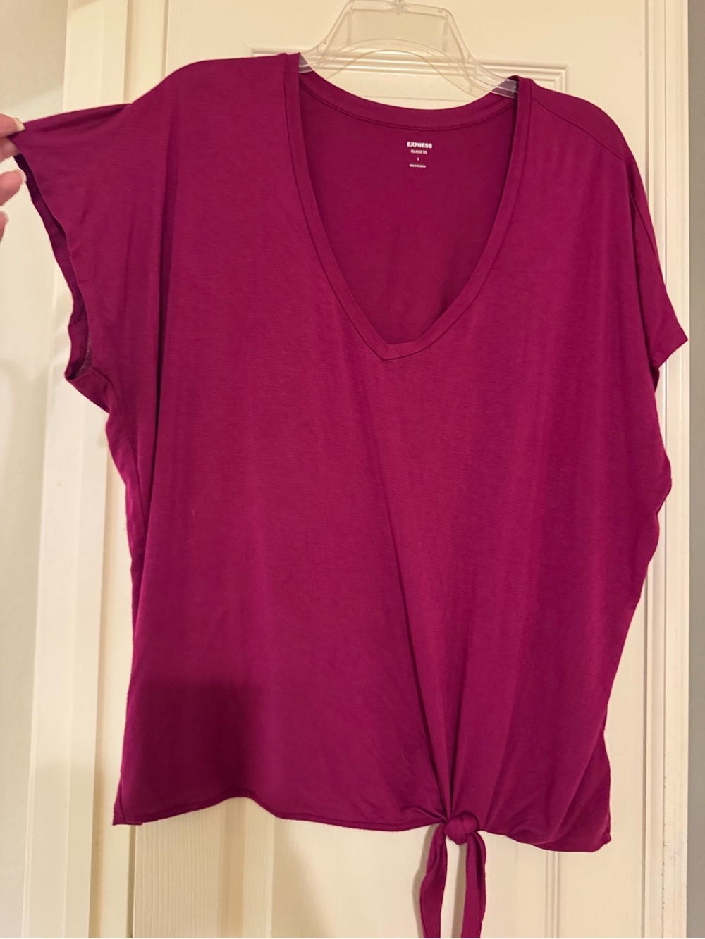 Express Women's Rayon blend Magenta V-Neck Tie-Front Top